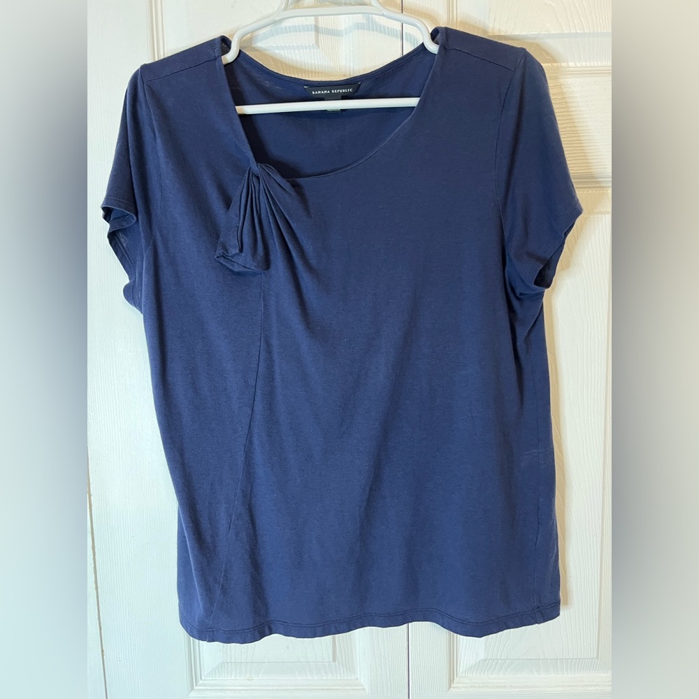 Banana Republic Navy Blue Short Sleeve T Shirt Top XL Tie Neck Cotton Modal